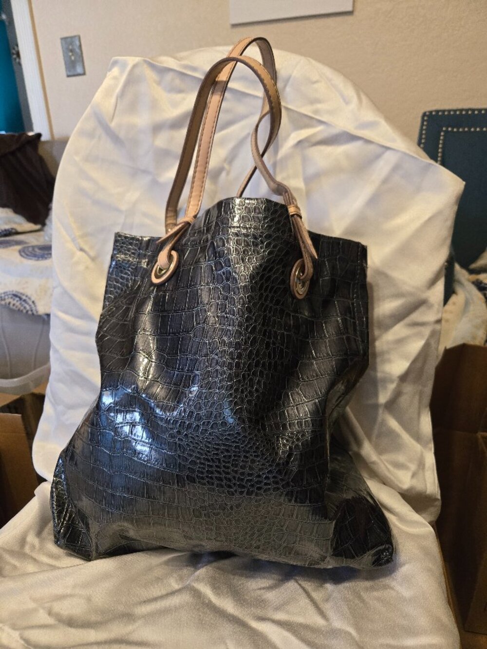 Black Faux Crocodile Embossed Tote Bag – Tan Handles – Large Shoulder Bag